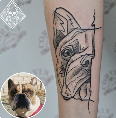 abstract half face frenchie ink tattoo