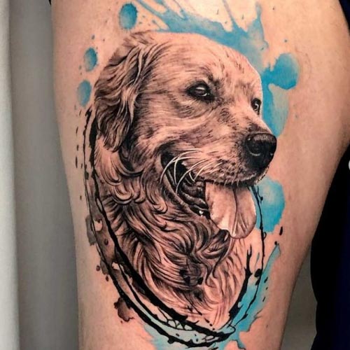 A Golden Retriever With Wings Flying In The Sky With Clouds tattoo idea   TattoosAI