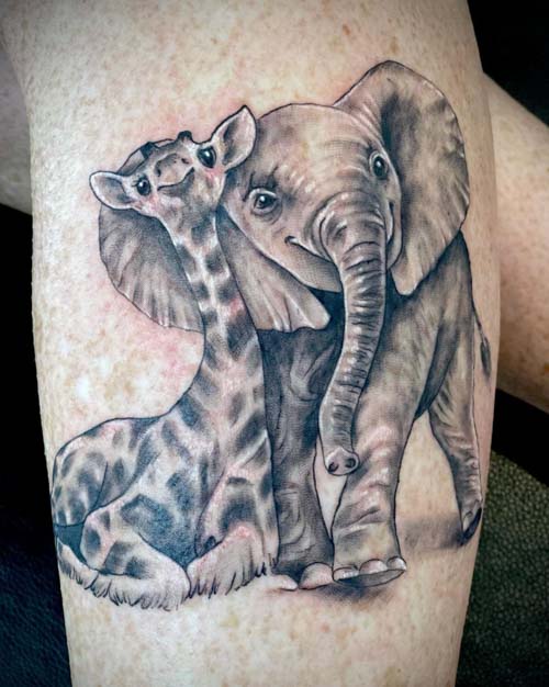 Elephant and giraffe by Edward Lott TattooNOW