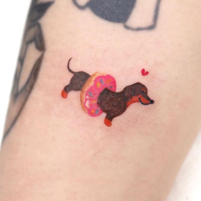 cute small wiener dog with donut tattoo