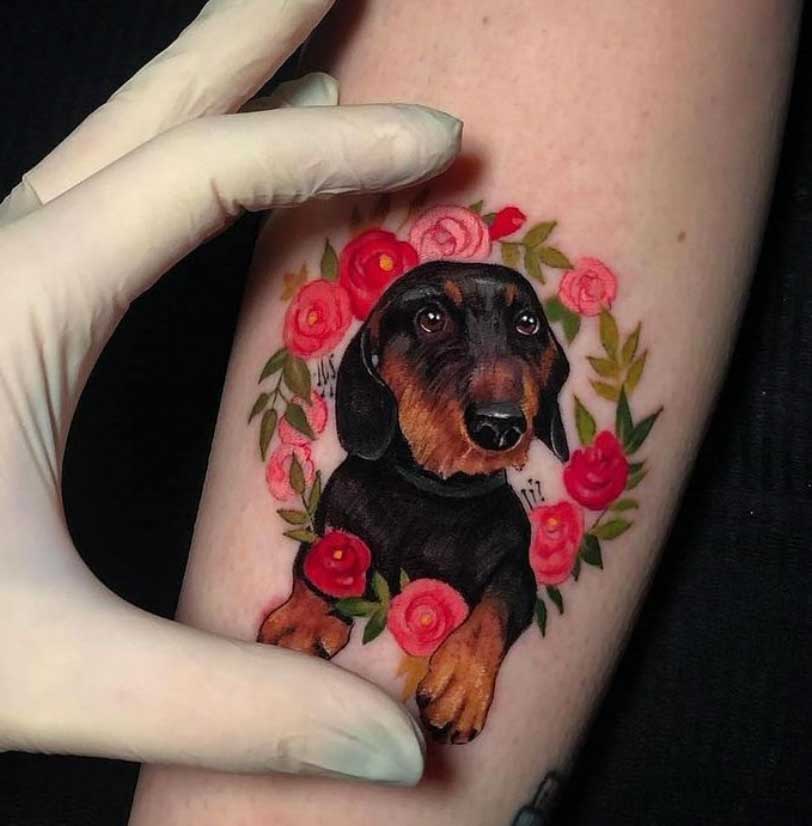 dachshund pink roses dog tattoo