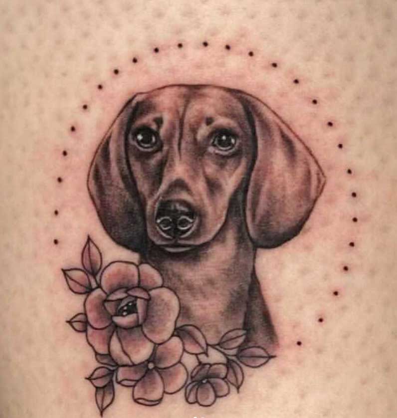 dachshund with pink roses tattoo
