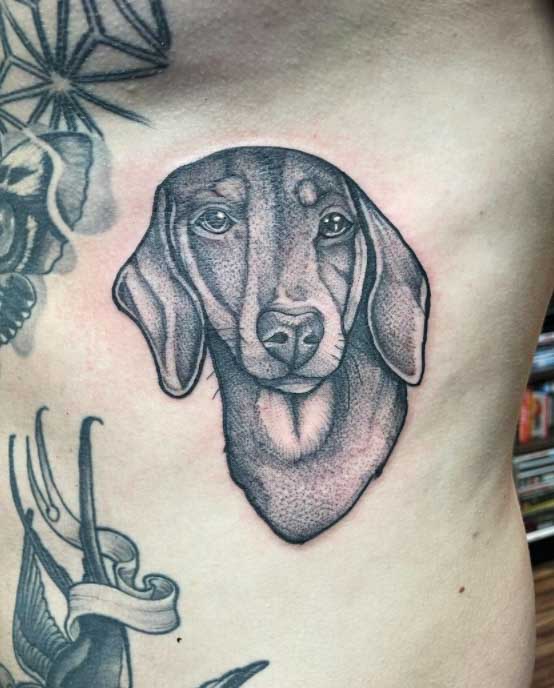 detail stipple dachshund head tattoo