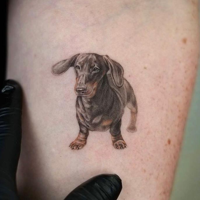 detailed black wiener dog tattoo