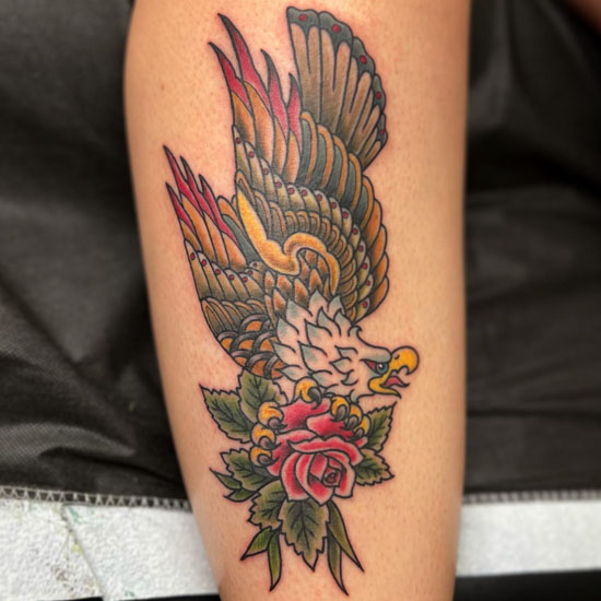 Tattoo tagged with: portrait, rose, eagle, thigh | inked-app.com