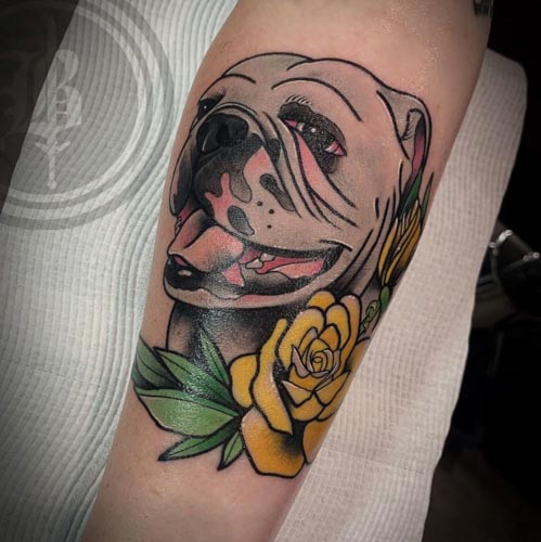 Baron Art Tattoo Studio on Instagram Dog portrait with floral  Tattoo  done by our resident artist geegeeruru in El Monte location   tattoo tattoostattooideastattooshoptattoostudiotattoostyletattooarttattoolifetattooinktattoolove  