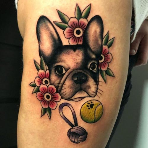 frenchie bulldog with tennis ball tattoo