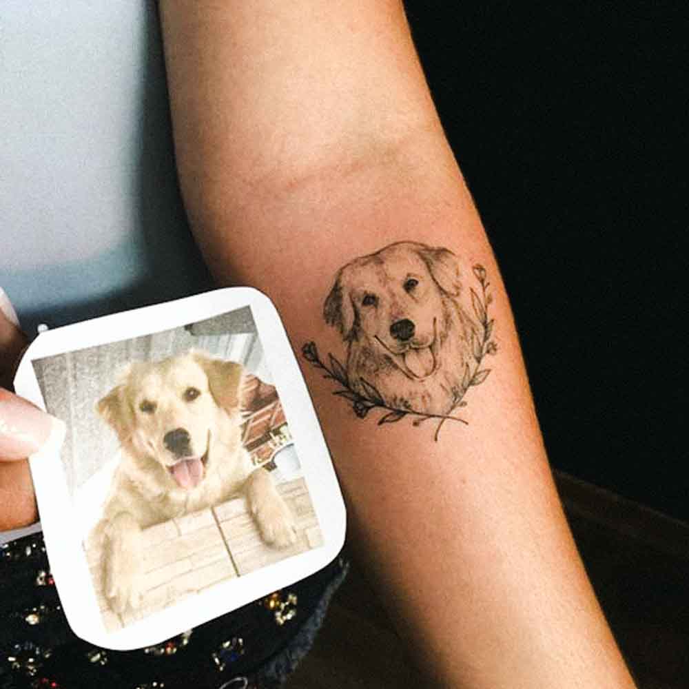 golden retriever portrait tattoo with olive leaves