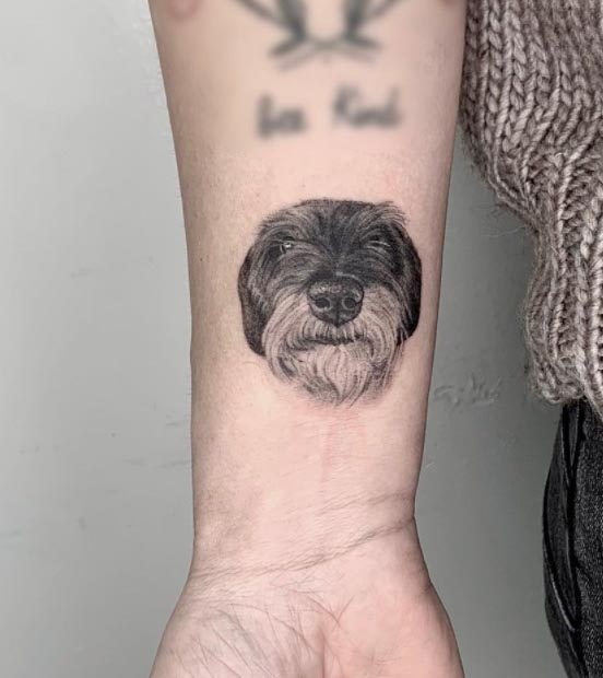 Tiny dog portrait tattoo done on the ankle