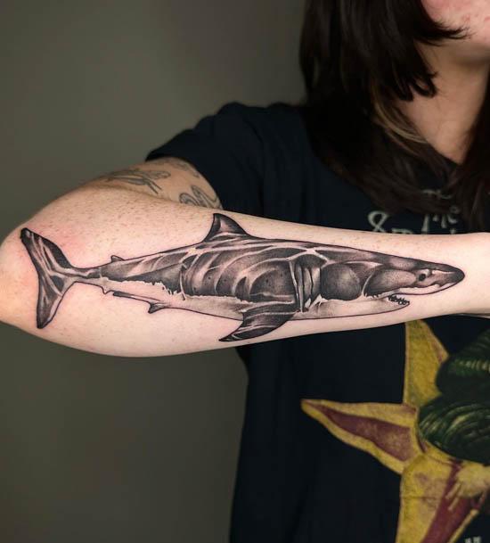 Micro-realistic hammerhead shark tattoo on the forearm.