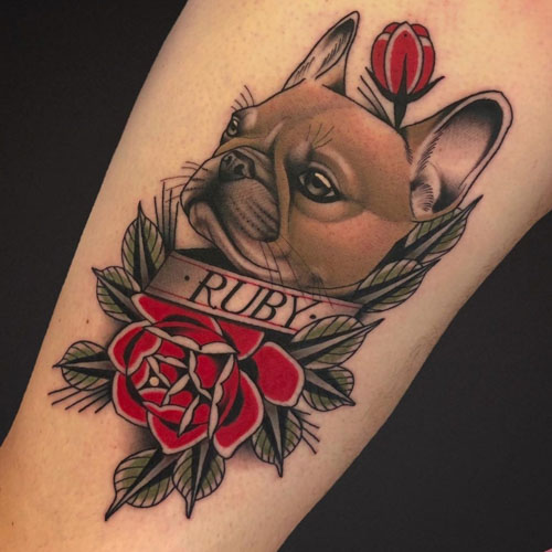 pet tatto of french bulldog and red rose