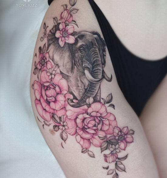 🐘Elephant🐘 thigh tattoo that I did last night. Thanks for looking feel  feee to share! #elephant #thigh #flower #flowers @painfulple... | Instagram