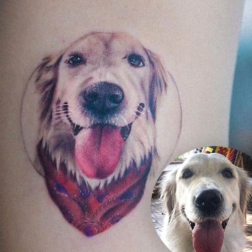 Microrealistic dog tattoo on the calf