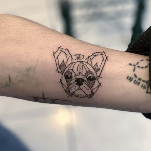 sketch abstract frenchie tat on arm